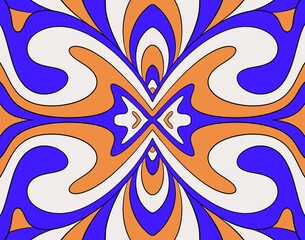 A bold symmetrical psychedelic pattern,featuring flowing curved shapes in harmonious colors.