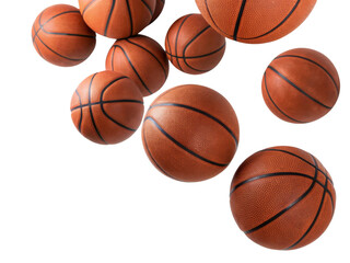 Basketballs in various sizes and angles, showcasing their textured surface and vibrant color, create dynamic and energetic scene