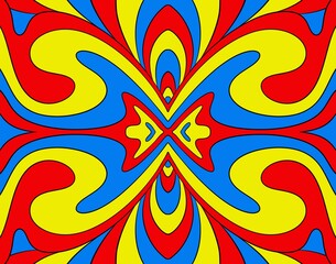 A bold symmetrical psychedelic pattern,featuring flowing curved shapes in harmonious colors.