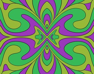 A bold symmetrical psychedelic pattern,featuring flowing curved shapes in harmonious colors.