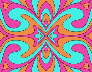 A bold symmetrical psychedelic pattern,featuring flowing curved shapes in harmonious colors.