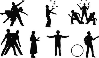 Performing arts silhouettes, dance movement, juggling act, musical performance, theater expression, cultural activity, artistic gesture, entertainment, creativity, illustration