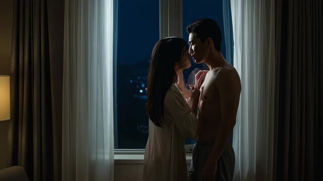 夜景の見える窓際でキスを交わす親密なカップル
