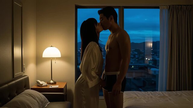 ホテルの部屋で夜景を背景にキスをする親密なカップル