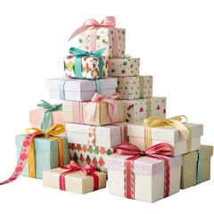 Obraz premium Colorful gift boxes stacked in festive arrangement, adorned with ribbons and decorative patterns, evoke joyful celebration