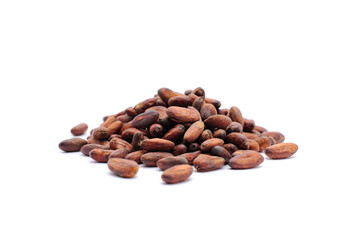 Fresh cacao beans on white background
