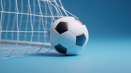 Fototapeta premium A classic soccer ball with traditional panels sits before a goal net against a solid blue backdrop,