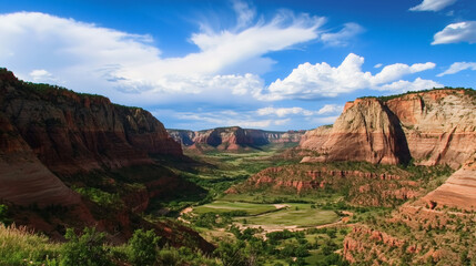 Naklejka premium Reddish cliffs carve a winding valley through green trees, accented by dramatic clouds and bright blue sky in a vast natural scene.