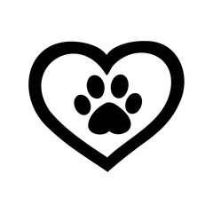 Simple black and white paw print inside a heart shape illustration