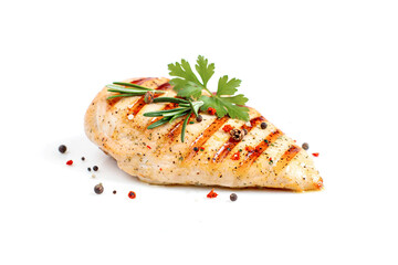 Chicken breast, fried meat, with spices isolated on white background.