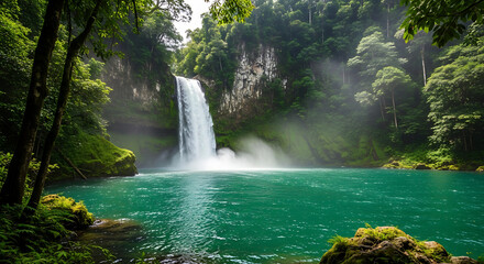 Dramatic Jungle Waterfall Plunging into Deep Emerald Lagoon