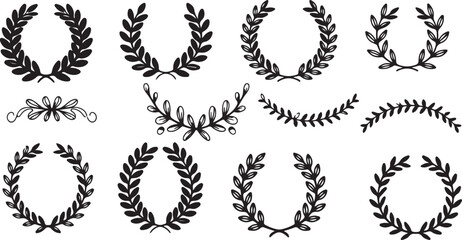 laurel wreath clipart, floral wreath illustration, botanical frame vector, decorative wreath graphics, victory laurel icons, black white wreath clipart, printable wreath designs, elegant floral frames