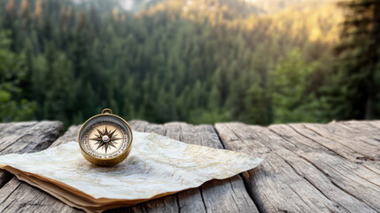 Close up of compass on hiking map with forest background, evoking adventure and exploration
