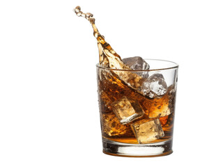 Refreshing drink splashes in glass filled with ice cubes, showcasing rich brown color and bubbles, evoking sense of enjoyment