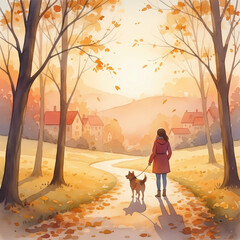 Woman walking dog on autumn path in scenic countryside landscape  