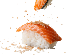 Fresh sushi with salmon topping, garnished with sesame seeds, showcasing vibrant colors and textures, perfect for food lovers