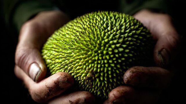 Close-up of a Spiky Green Breadfruit Held in Dirty Hands, Freshly Harvested, Dark Background, Tropical Fruit, Agriculture