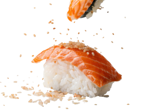 Fresh sushi with salmon topping, garnished with sesame seeds, showcasing vibrant colors and textures, perfect for food lovers