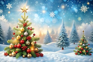 Obraz premium A decorated christmas tree in a snowy winter landscape with soft falling snowflakes and blurred pine trees in the background, creating a magical holiday atmosphere