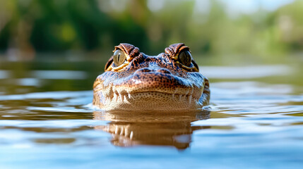 Obraz premium Close up of crocodile eyes above water surface, showcasing its unique texture and expression