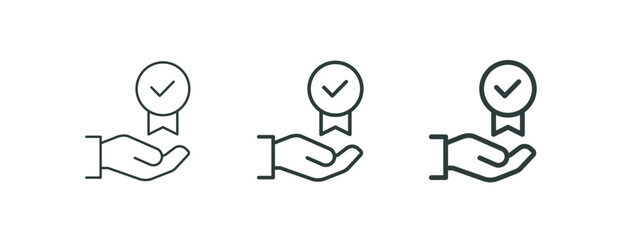 Quality guarantee, certification trust, approval minimal outline icon. Line sign hand holding award badge with check mark. Vector isolated pictograms for web app on white background editable stroke.