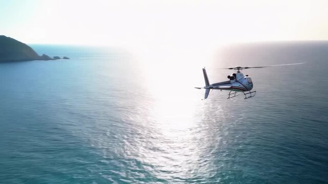 Private helicopter skims turquoise coastline and rugged cliffs, heading from secluded island waters out over the open sea into bright sunlight luxury travel and adventure