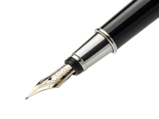 Close up view of fountain pen with shiny gold nib, showcasing its elegant design and craftsmanship. pen sleek black body contrasts beautifully