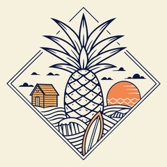 Vector art of a captivating line art illustration showcases a pineapple, surfboard, and beach hut within a diamond frame, evoking a sense of tropical paradise and adventure