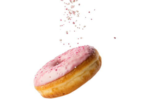 Delicious donut with pink icing and sprinkles, floating against transparency background, evokes sense of joy and indulgence