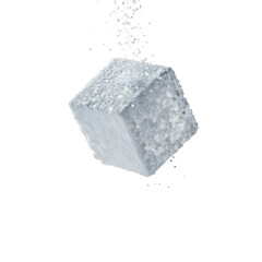 Sugar cube falling with granulated sugar particles cascading around it creates visually appealing scene