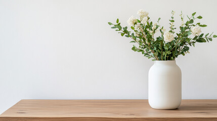 Fresh flowers in white vase on wooden table create serene atmosphere