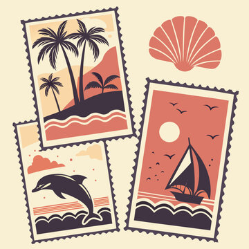 Vector art of a vintage summer vacation theme with postage stamps featuring tropical island scenery, a dolphin jumping in the ocean, and a sailboat sailing on the sea