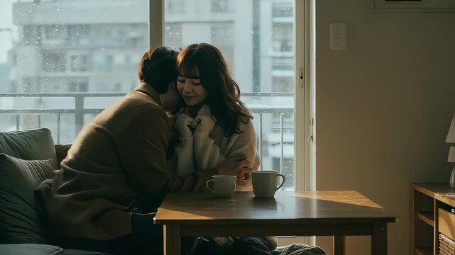 窓際で向かい合い、優しくハグする若いカップル