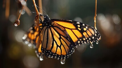 A close-up of a vibrant monarch butterfly resting on a branch with dew drops, showcasing nature's beauty.