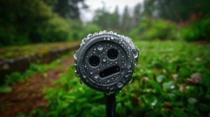 Fototapeta premium A close-up of a wet garden sprinkler surrounded by lush green grass, highlighting nature's beauty in a rainy setting.