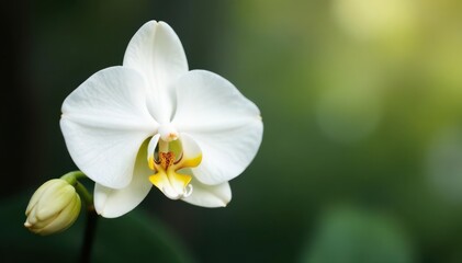 Fototapeta premium Single vanilla orchid, pristine white setting, spa, smooth