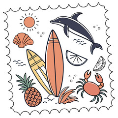 Vector art of a delightful summer stamp collection featuring a dolphin, surfboards, pineapple, crab, seashell, sun, and lemon, all set against an, perfect for a beachy vibe