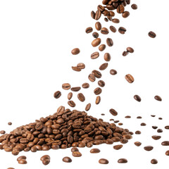 Obraz premium Fresh coffee beans cascade from above, creating rich pile below, evoking sense of warmth and energy