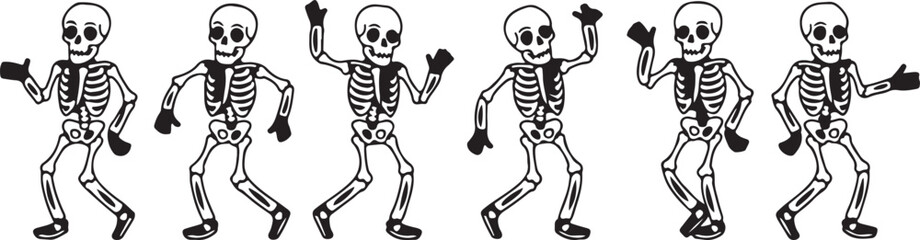 skeleton clipart illustration, halloween skeleton characters, dancing skeleton vector, skull body cartoon, spooky skeleton art, black white skeleton clipart, printable skeleton design, horror illustra