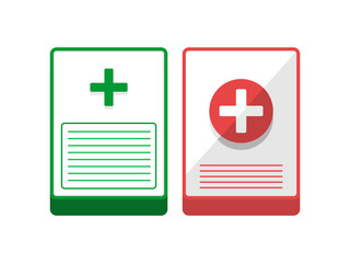 Green and red medical record folders with cross emblems for health files