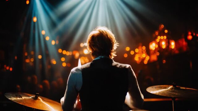 Captivating Performance: A Talented Drummer Enthralls the Audience with Dynamic Beats Under a Mesmerizing Light Show at an Intimate Venue