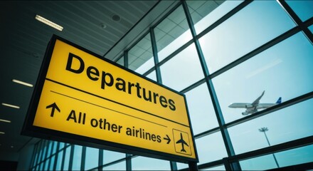 Obraz premium Airport departures sign with airplane seen through the window