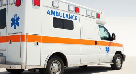An ambulance vehicle with orange stripe and blue star of life on a white field