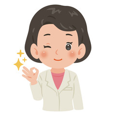 白衣を着たOKサインを出す女性　上半身イラスト／Woman wearing a white coat making an OK sign　upper body illustration