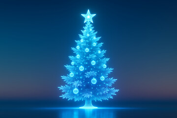 Neon holographic Christmas tree glowing with ornaments and star, festive, modern, blue, digital art