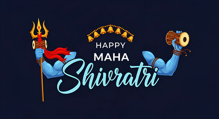 happy maha Shivratri with trisulam, a Hindu festival celebrated of lord shiva night, english calligraphy. vector illustration