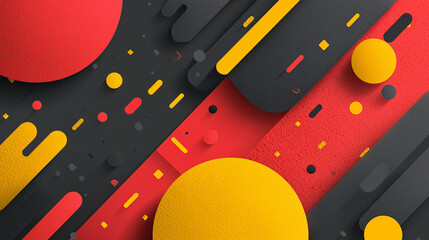Abstract geometric background of circles, rectangles and lines in black, red and yellow colors
