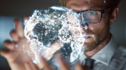 A focused professional examines a digital globe, representing global technology and innovation in modern business.