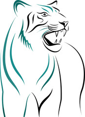 Naklejka premium Roaring Tiger Illustration: An artistic illustration of a majestic tiger in a moment of intensity, the tiger's fierce roar accentuated by striking lines and vibrant teal accents.