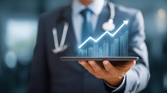 A healthcare professional analyzes growth data with a digital tablet, showcasing upward trends in patient treatment.